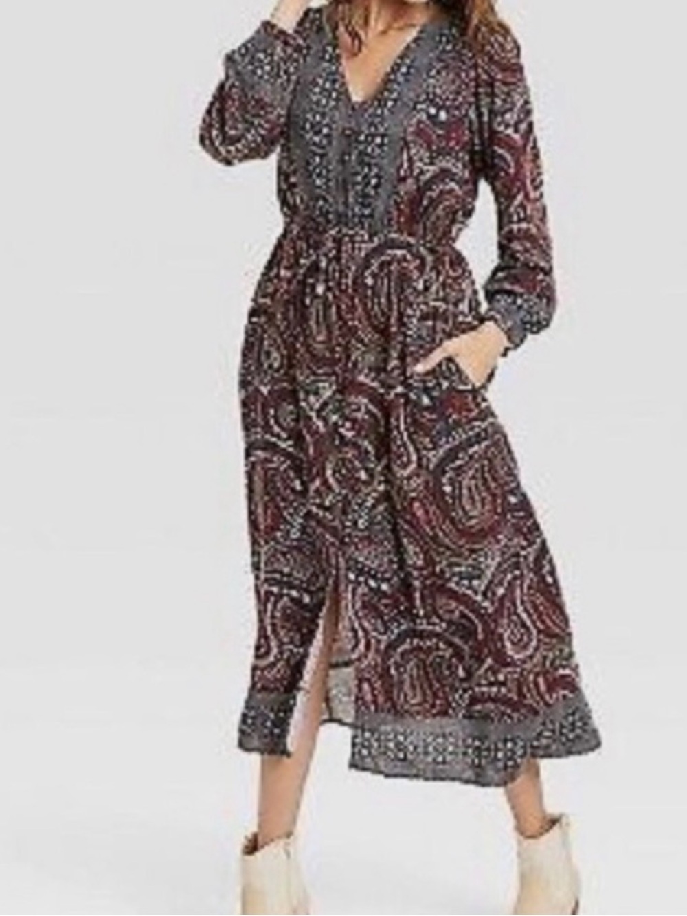 Knox Rose Paisley V-Neck Long Sleeve Midi Dress in Burgundy